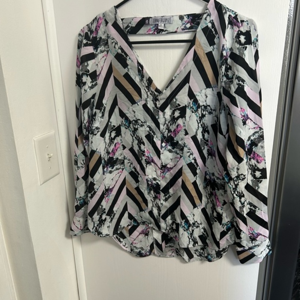 Jennifer Lopez Chevron Pattern Blouse - Black, Pink, Cream